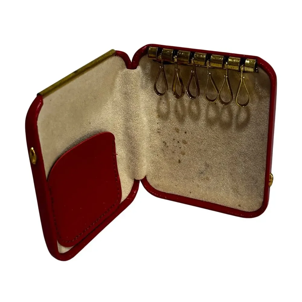 Vintage key case red leather hard shell keeper organize keys hinged secure box